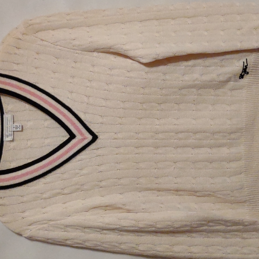 St John Marie Gray Sweater Cable Cream V Neck  Petite VTG Authentic